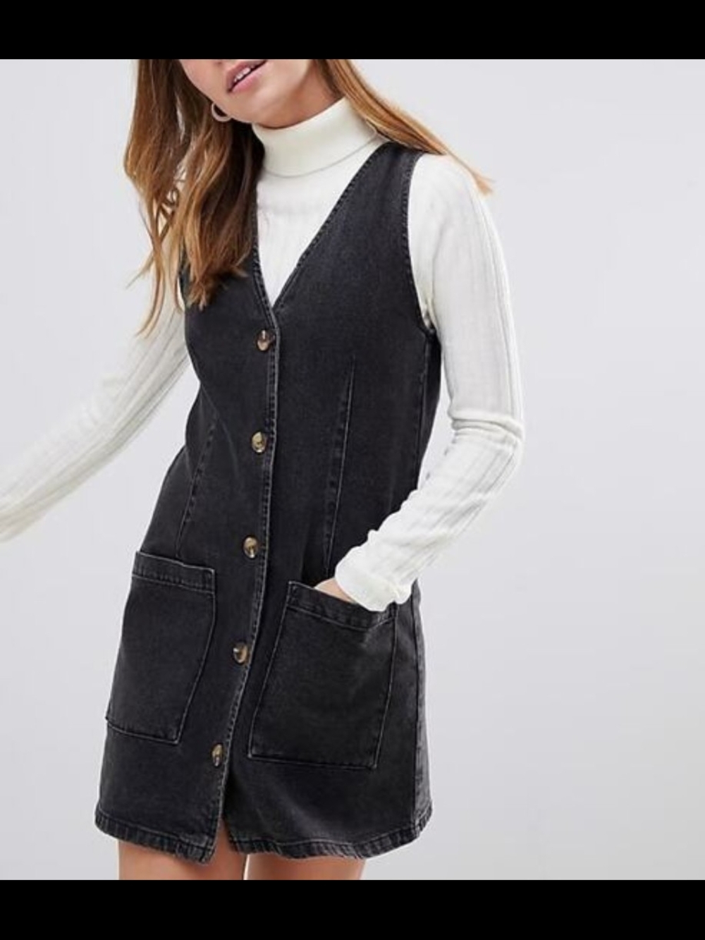 ASOS Black Denim Button-Front Pinafore Mini Dress